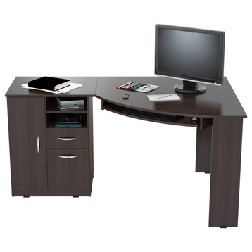 L-Shaped Desk, Spacious Top With Curved Accent & Pull Out Keyboard Tray, Brown