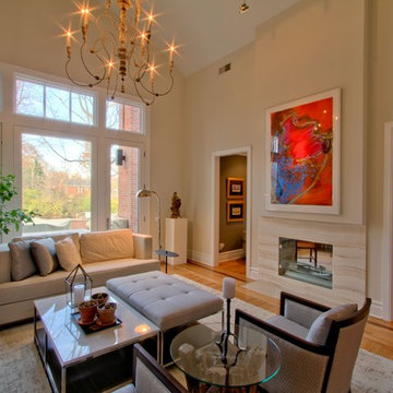 Barrel Vault Living Room with Salvage Chandelier and Art Spotlight