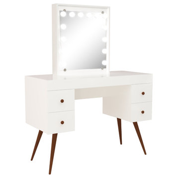 Modern Vanity Table, Angled Legs With 4 Drawers & Customizable Lights, White