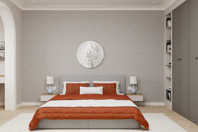 Идея дизайна: спальня в светлых тонах в современном стиле с бежевыми стенами, полом из ламината, бежевым полом и обоями на стенах