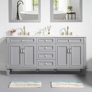 Solid Wood Bathroom Vanity with Quartz Top and cUPC Certified Sink, Titainum Grey, 72 Inch