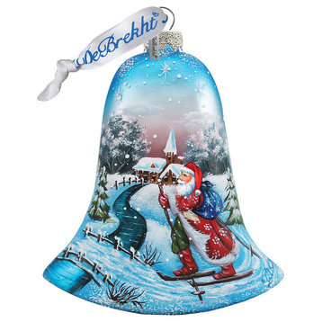 Hand Painted Scenic Glass Ornament Santa On Ski Bell