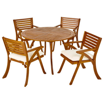 Chloe Outdoor 5 Piece Acacia Wood Dining Set with Round Table, Teak/Cream