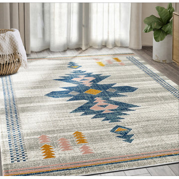 Abani Porto Southwestern Tribal Print Blue And Orange Area Rug, 5'3"x7'6"