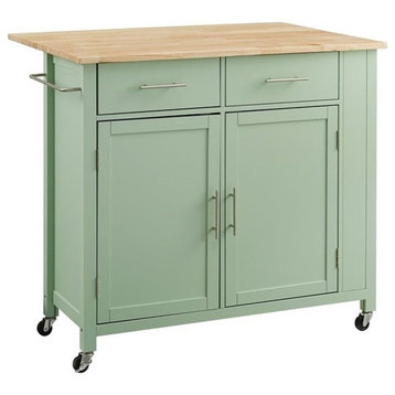 Pemberly Row Wood Drop Leaf Kitchen Island/Cart in Mint/Natural