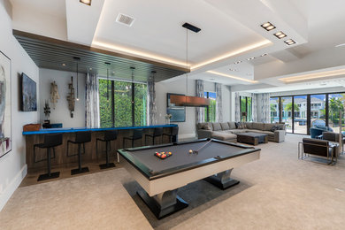 Game room - large modern enclosed carpeted and beige floor game room idea in Other with white walls, no fireplace and no tv