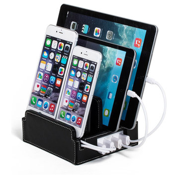 Compact Charging Station With Integrated 4-Port USB, Black Leatherette, With Set