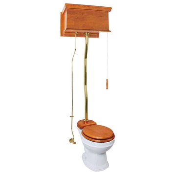 Flat Round High Tank Toilet, Mahogany, White, Brass