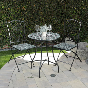 Marbled Glass Mosaic 3-Piece Bistro Set Folding Table and Chairs Patio Seating