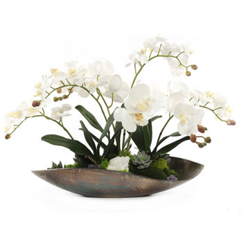 Cream White Orchids Faux Arrangement in Small Metal Tray