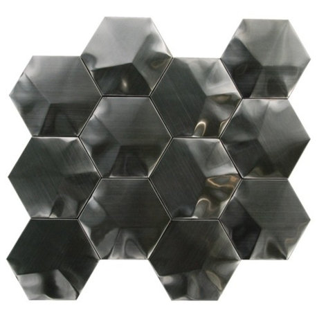 Black Stainless Steel 3D Interlocking Hexagon Mosaic, 3"x6" Tiles, Set of 400