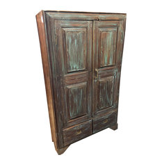 Consigned Antique Distressed Blue Cabinet Reclaimed Teak Wood Indian Armoire