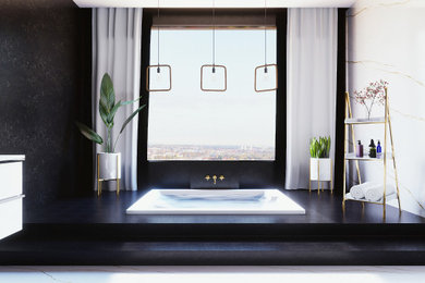 Inspiration for a mid-sized contemporary master white tile and marble tile marble floor, white floor and double-sink bathroom remodel in Miami with flat-panel cabinets, white cabinets, a wall-mount toilet, white walls, a drop-in sink, quartzite countertops, white countertops and a floating vanity