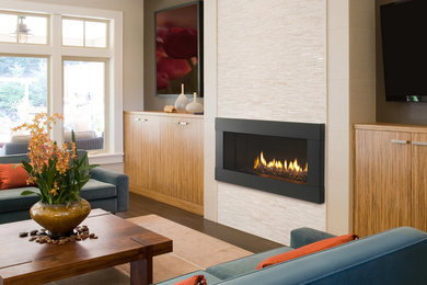 Example of a mid-sized minimalist formal and open concept dark wood floor and brown floor living room design in Houston with beige walls, a ribbon fireplace, a metal fireplace and no tv