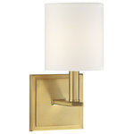 Savoy House - Waverly 1-Light Sconce, Warm Brass - Chic and contemporary! The Waverly wall sconce is a sleek fixture to add a beautiful, polished layer of light to your home's overall interior lighting design. Plus, the clean lines and soft glow create a subtle and serene mood. The frame has an outlined, square wall plate and a bold, L-shaped light arm, with a lustrous, warm brass finish. A streamlined, cylindrical white shade encloses one 60W, C-style bulb for lovely, glare-free illumination. The Waverly's elegance blends well with many decor styles, such as modern, farmhouse, and transitional. And the sconce measures 5" wide and 11" high, extending 6.5" from the wall an ideal fit for a bathroom, bedroom, dining area, living room, kitchen, family room, foyer, media room, office, or hallway.