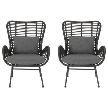 Crystal Outdoor Wicker Club Chairs With Cushions, Set of 2, Gray/Dark Gray