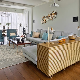 Home theater - mid-sized dark wood floor and brown floor home theater idea in Copenhagen with white walls