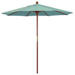 March Products - 7.5' Wood Umbrella, Spa - The classic look of a traditional wood market umbrella by California Umbrella is captured by the MARE design series.  The hallmark of the MARE series is the beautiful 100% marenti wood pole and rib system. The dark stained finish over a traditional marenti wood is perfect for outdoor dining rooms and poolside d-cor. The deluxe push lift system ensures a long lasting shade experience that commercial customers demand. This umbrella also features Sunbrella fabrics, which are built on a foundation of solution-dyed acrylic yarn, the most resilient and solid material for prolonged sun exposure, to offer even longer color retention rating than competing material sources.