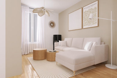 Idées déco pour un salon beige et blanc scandinave de taille moyenne et ouvert avec un mur beige, parquet clair, un poêle à bois et un téléviseur dissimulé.