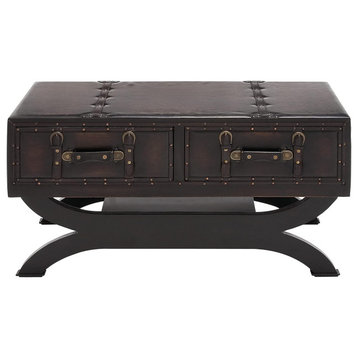 Traditional Coffee Table, Faux Leather Upholstered With 2 Storage Drawers, Brown