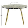 Round Black Wood Top Coffee Table With Shell Floral Patterned Mosaic Inlay, Coff