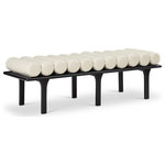 Meridian Furniture - Landon Faux Leather Bench, Cream, Black Finish - Outfit your foyer, bedroom, dressing room or other area of the home with this handsome cream Landon vegan leather bench. A rolled vegan leather seat upholstered in cream vegan leather gives this uniquely designed bench the luxe look of leather without the maintenance requirements. Built to last, this art-deco-inspired bench has a solid oak base finished in sleek black for a beautiful, resort feel in whatever room you wish to use it in.