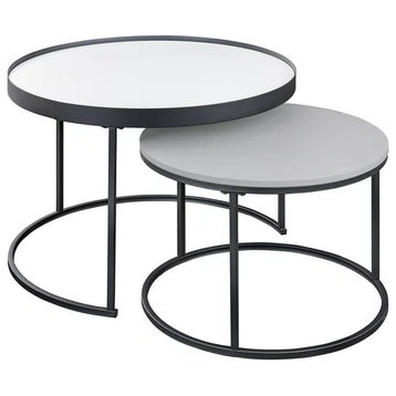 Set of 2 Contemporary Coffee Table, Nesting Design With Round Top, White/Gray