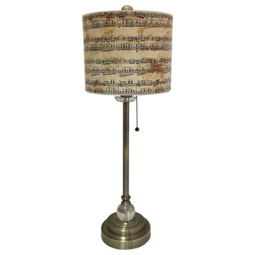 28" Crystal Buffet Lamp With Musical Notes Design Shade, Antique Brass, Single