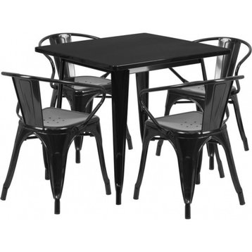 31.5'' Square Black Metal Indoor-Outdoor Table Set With 4 Arm Chairs
