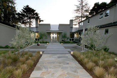 Example of a trendy gray one-story stucco exterior home design in San Francisco
