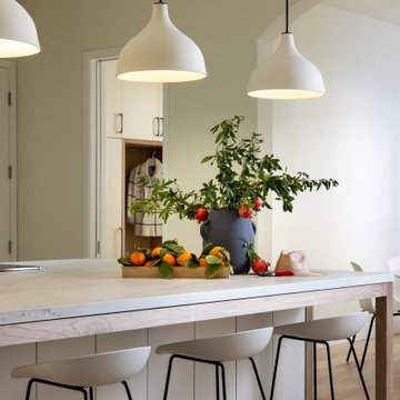 Large Contemporary Kitchen Island with Pendant Lighting and Bleached Walnut Acce