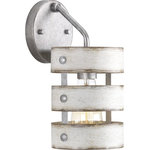 Progress Lighting - Gulliver Sconce - Three circular bands wrap together to create an open design for Gulliver. Dual toned frame color combinations of Galvanized with antique white accents. A hand painted wood grained texture complements Rustic and Modern Farmhouse home decor, as well as Urban Industrial and Coastal interior settings. Uses (1) 75-watt medium bulb (not included).