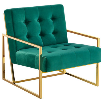 Beethoven Blue Velvet With Gold Plated Accent Chair, Green/Gold