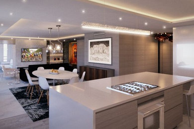 Inspiration for a mid-sized contemporary marble floor and brown floor kitchen/dining room combo remodel in Miami with gray walls and no fireplace