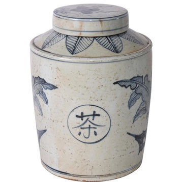 Tea Jar Service Items Vase Palm Leaf Blue Colors May Vary White