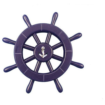 Decorative Ship Wheel With Anchor, Dark Blue, 12"