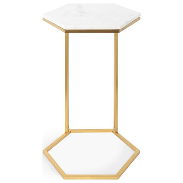 Modern C-Shaped End Table, Golden Frame With Hexagonal White Faux Marble Top