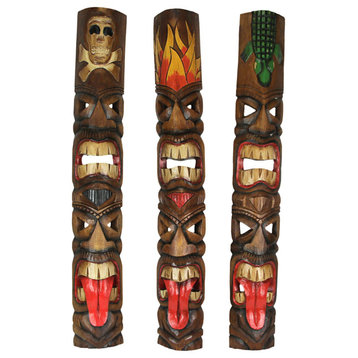 Set of 3 Double Tiki Mask Totem Hand Carved Wall Decor Tribal Sculpture 40 Inch