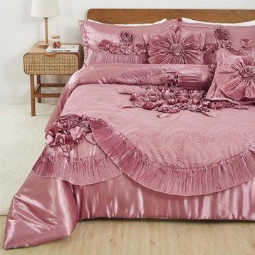 Tache Satin Floral Lace Ruffle Sweet Victorian Pink 6pc Comforter Set, Cal King