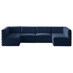 Meridian Furniture - Quincy Velvet Upholstered 6-Piece U-Shaped Modular Sectional, Navy - Show them all that less is more with the minimalist look of this Quincy velvet cloud-like comfort modular sectional. This elegant chair features a simple design that's all about comfort and modern style. The soft navy velvet upholstery is sleek to the touch, and the back of the unit features deep horizontal channel tufting for a look that wows. Because this is a modular seating option, you can pair it easily with other items in the Quincy collection to create a look you love. Latches underneath make it easy to mix and match items from the collection.