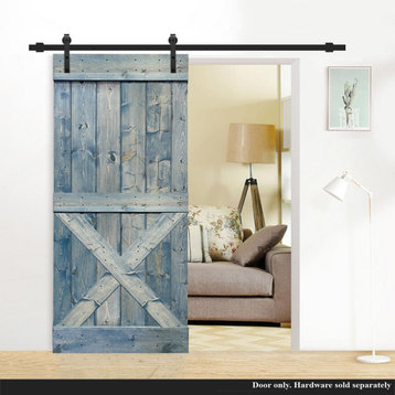 Stained Solid Pine Wood Sliding Barn Door, Denim Blue, 36"x84", Mini X