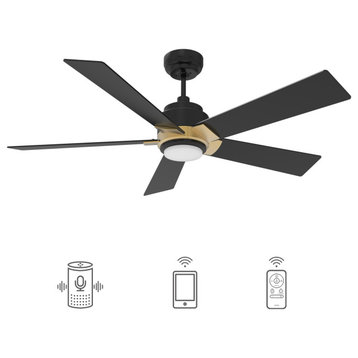 CARRO 52'' 5 Blades Smart Ceiling Fan with Remote Control and Dim LED Light, Gold/Black