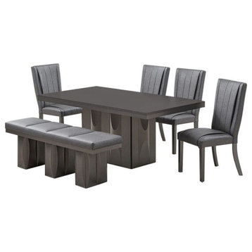 Voight 6 Piece Pedestal Dining Set, Gray Wood and Vinyl, Table, Table, 4 Chairs