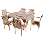Windsor Teak Furniture - 66" Buckingham Oval Double Extension Table with 6 Stacking Chairs, Grade A Teak - The Buckingham 66" Double Leaf Extension Table  with 6 Casa Blanca Stacking Chairs is one of our best selling sets. Like all our double leaf extension tables, you get 3 different size tables.....66" when opened, 56" with one leaf up, and 46" when closed...and the table is 39" wide. The table comes with unique butterfly pop up leafs that enables you to open or close the table in 15 seconds. The table comes with a cap covered umbrella hole and a built in umbrella base. The Casa Blanca Stacking chairs are very comfortable with a contoured seat and have a designer look. Some assembly required on table.