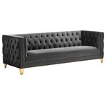 Meridian Furniture - Michelle Fabric Upholstered Chair, Gold Iron Legs, Gray, Velvet, Sofa - Upholstered in soft grey velvet, this Michelle sofa is sumptuously glamorous. Designed for upscale living, this chair features rich gold nail head trim and gold iron legs that keep it grounded in contemporary beauty. Tufted material covers every inch of this unit, and button tufting ensures that the unit stays plump and comfortable and holds up well to continual use. Pair it with other items in the collection for a cohesive look.