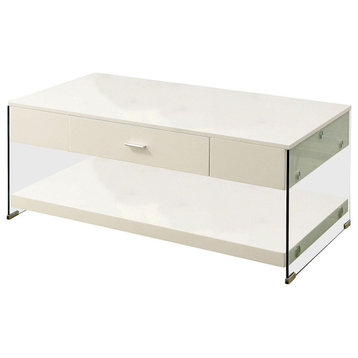 Contemporary Coffee Table, Tempered Glass Panel Legs With Storage Drawer, White