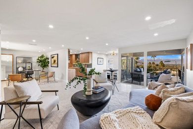 Inspiration for a contemporary open concept ceramic tile and white floor living room remodel in Other with white walls and a wall-mounted tv