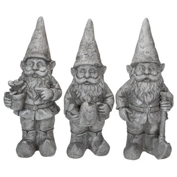 3-Piece Gray Gardening Garden Gnomes Set, Outdoor Statues
