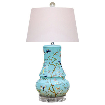 Sea Foam Green Bird Motif Porcelain Vase Table Lamp 23"