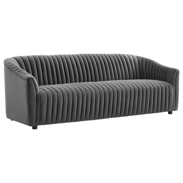 Elegant Sofa, Channeled Velvet Seat With Curved Back & Sloped Arms, Charcoal